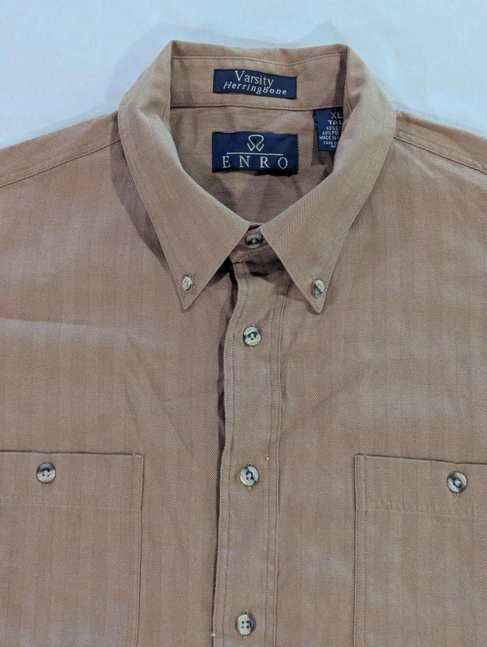 ENRO Shirt Mens XLT Beige Herringbone Long Sleeve Button Up Hong Kong Casual